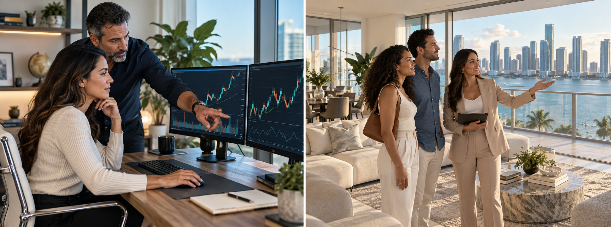 Illustrative scenes of adults learning at a trading desk and a real estate professional meeting clients in a condominium