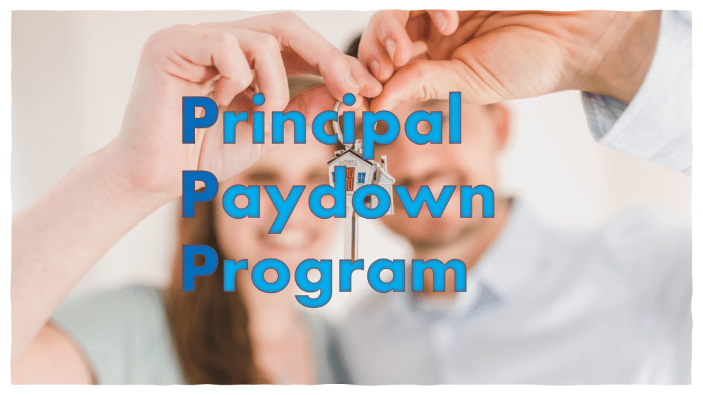 Principal Paydown Program. Couple holding a key to a home. The key has a picture of a home on it.